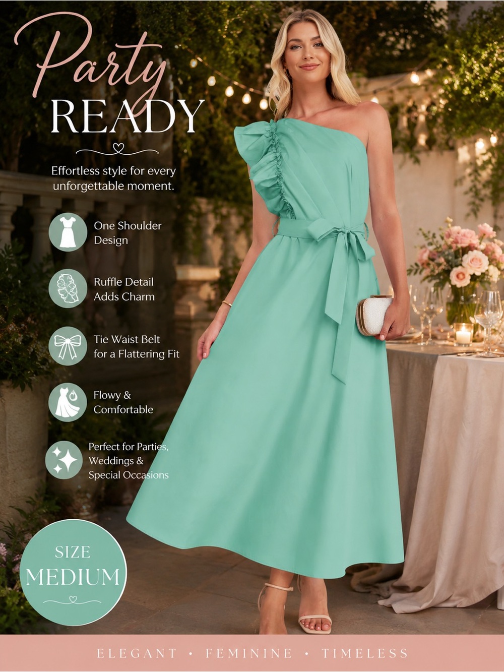 Elegant One-Shoulder Ruffle Midi Dress in Mint Green